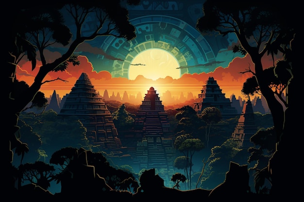 정글의 베일 위로 우뚝 솟은 별빛 의식 마야 피라미드