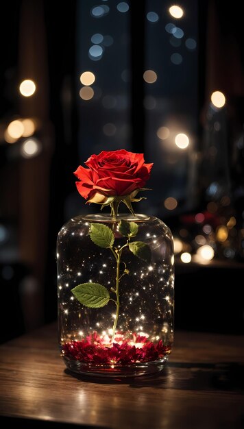 Starlit Romance Glowing Rose in Glass Jar Illuminated by Night