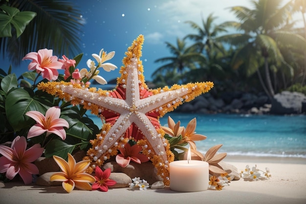 Photo starlit tropics decorative elements with starfish and flowers