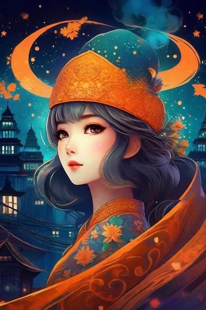 Starlit Witch's Attire Anime Girl with Gothic Dress and Pumpkin Hat