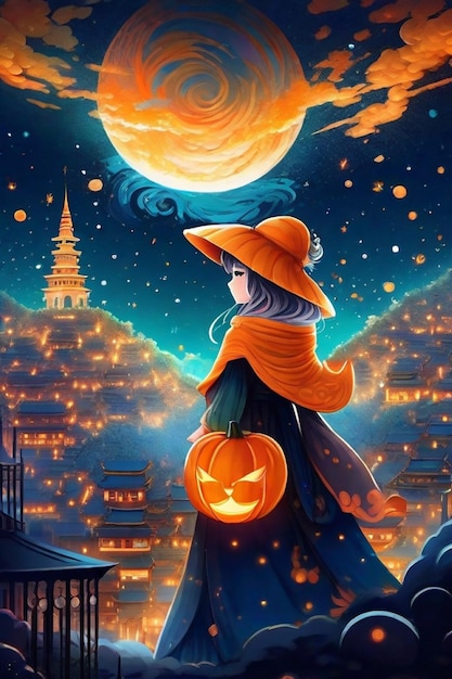 Starlit Witchcraft Anime Girl with Gothic Dress and Pumpkin Hat
