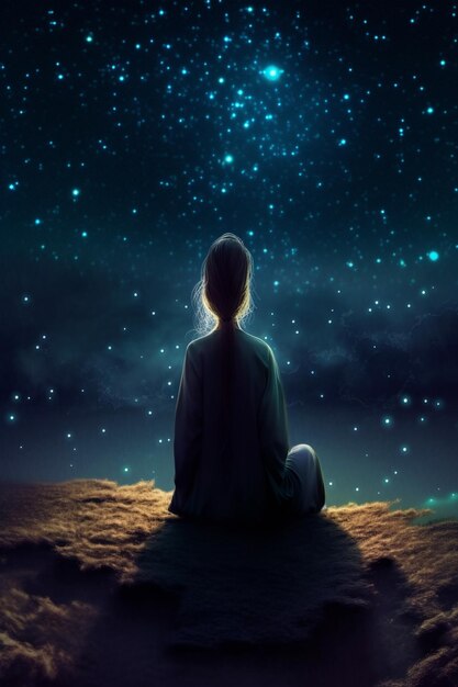 Starr gazing girl sitting on a rock looking at the stars generative ai