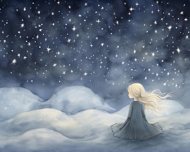 Photo starrdusting girl in a blue dress looking at the stars generative ai