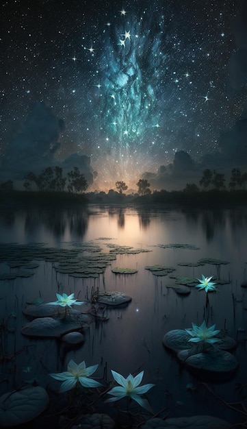 Starrgazing over a lake with water lillies and stars generative ai