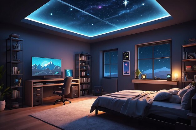 Starry Ambiance Gamers Loft with Glass Ceiling Vista