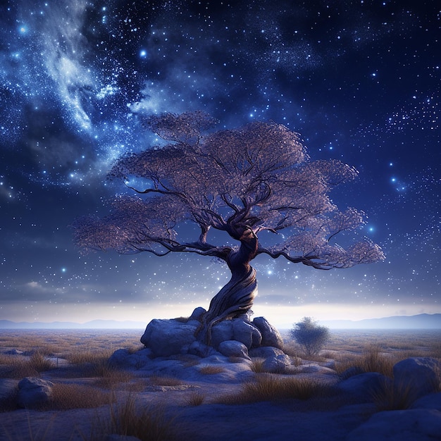 스타리 아보레얼 트랜리티 (Starry Arboreal Tranquility) - 밤의 나무 풍경의 3D 렌더링