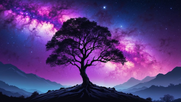 Photo starry background purple space a lone tree silhouetted against a vibrant purple starry sky and its b