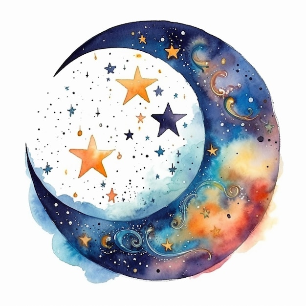 Starry crescent with stars and swirls in watercolor generative ai