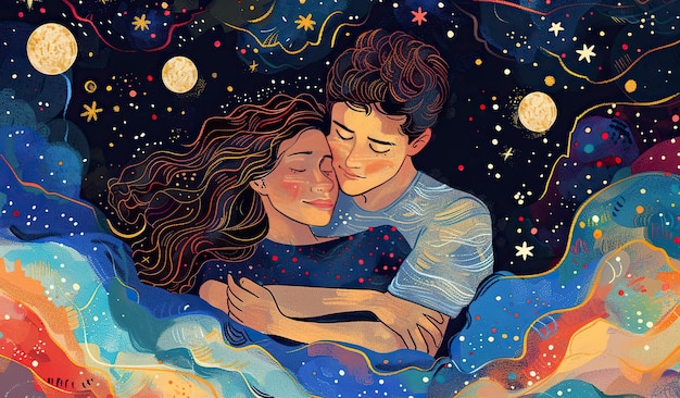 Starry embrace illustration of tender couple in love