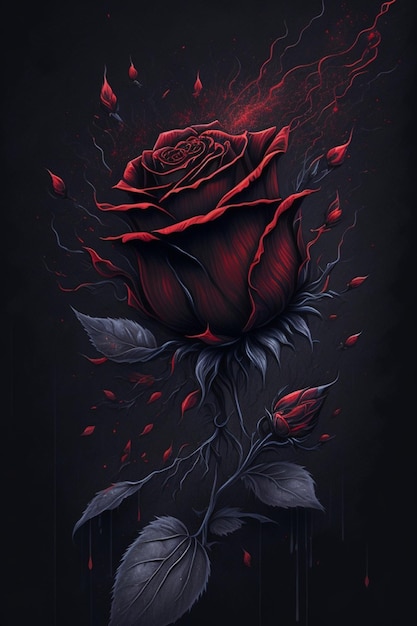 Starry Flower Illustration Deep Red Rose Artwork