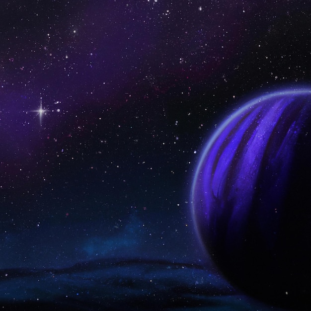 A starry galaxy in the universe with a blue purple planet