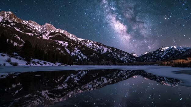 Звездное Величество Сияние Млечного Пути, освещающее заснеженные горные вершины, отраженные в безмятежной воде