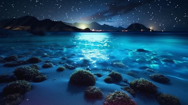A starry night over a beach with a starry sky and the moon