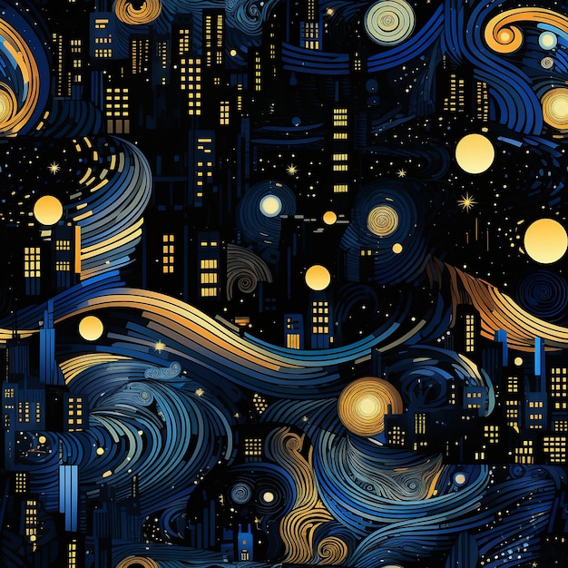 Starry Night Over Bustling Metropolis Seamless Cityscape Design