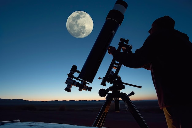 Starry Night Explorer Adjusting Telescope in the Wilderness