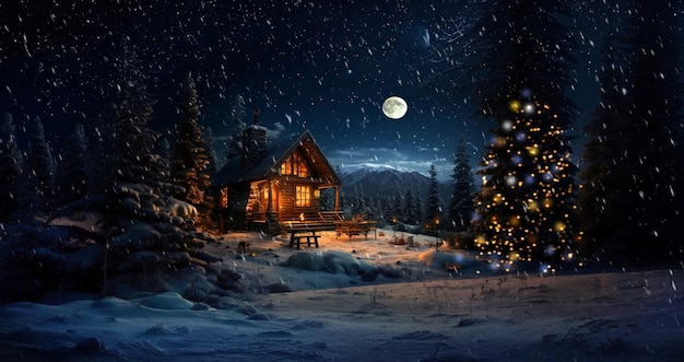 Starry night full moon winter forest Christmas trees wooden cabin with light in windows'