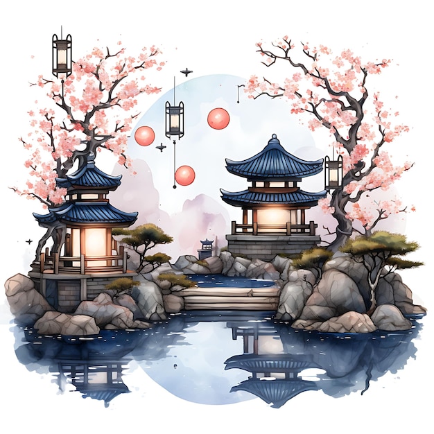 Starry Night Japanese Garden Cherry Blossom Trees a Meditati Cozy Watercolor Of Nature Decorative