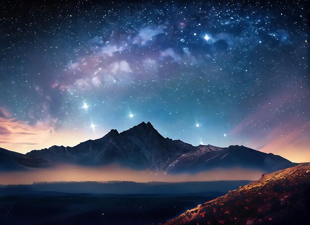 Starry night landscape with mountain and milky way sky background Beauty in nature and Astrology