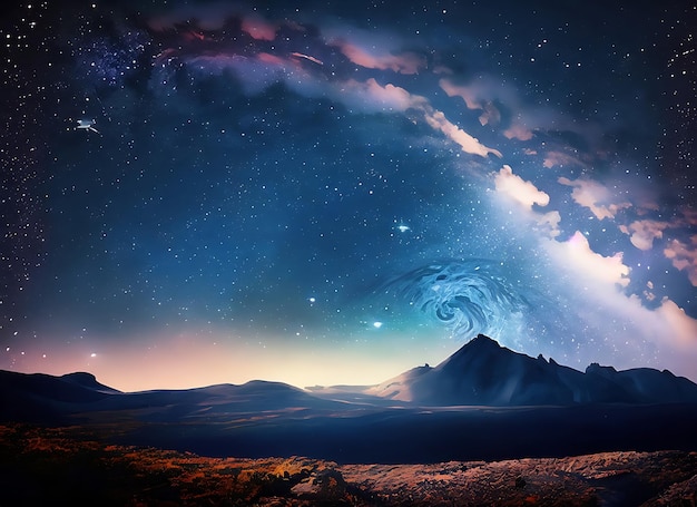 Звездный ночной пейзаж с горами и фоном неба Млечного пути Красота в природе и астрологии