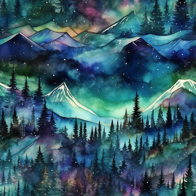 starry night in the mountains with trees and stars generative ai