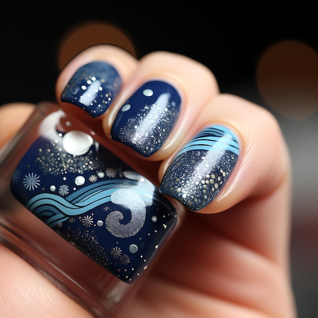 Starry Night Nails Design Dark Blue and Silver Colors Starry Concept Idea Creative Art Photoshoot