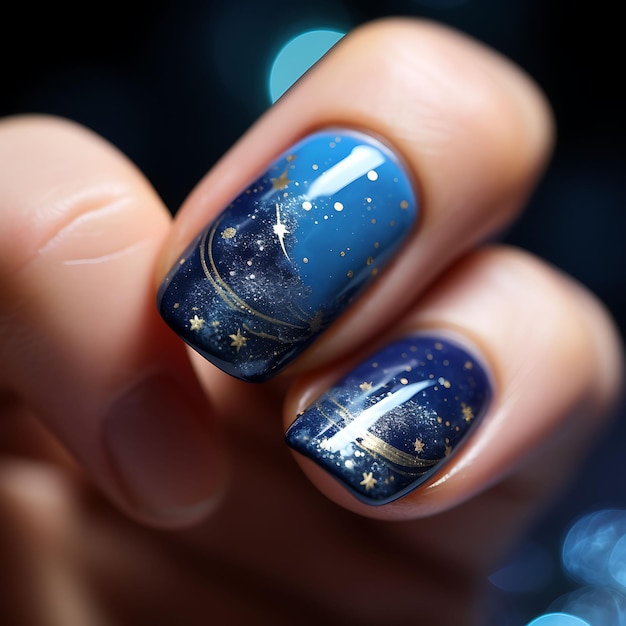 Starry night nails design dark blue and twinkling star color concept idea creative art photoshoot