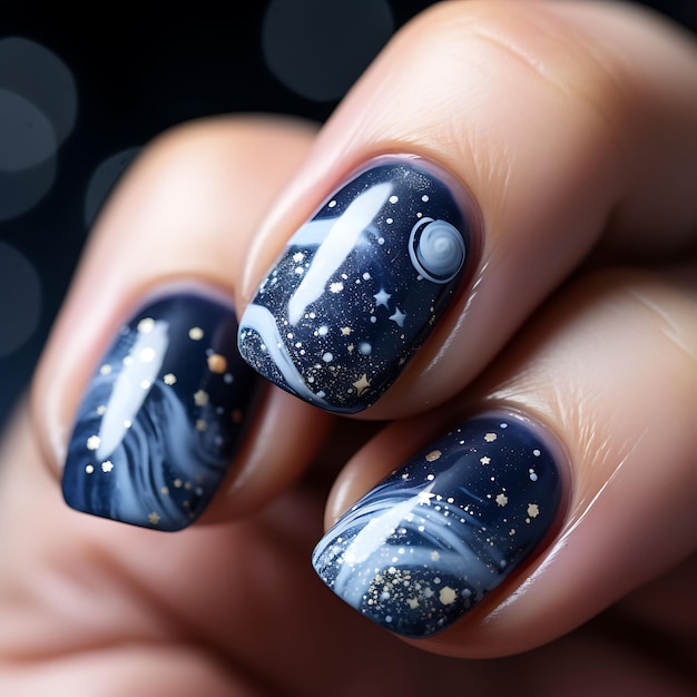 Photo starry night nails design midnight blue and silver tones lon concept idea creative art photoshoot