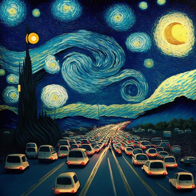 Starry night painting of a busy highway with cars and a clock generative ai