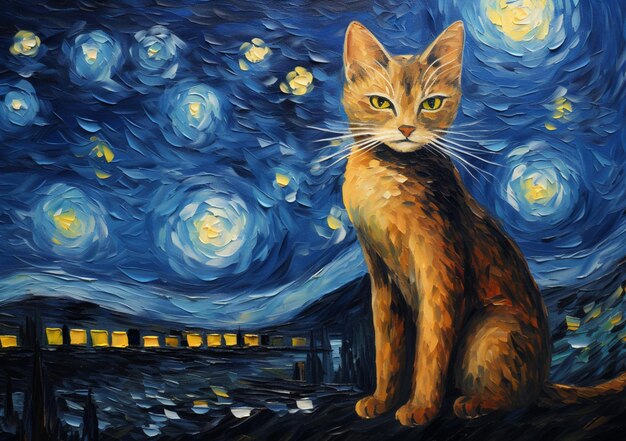 Photo starry night painting of a cat sitting on a ledge generative ai