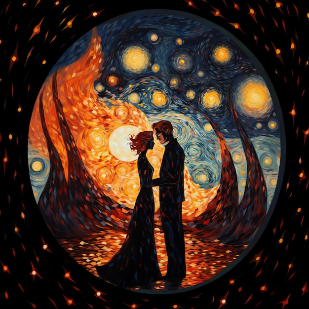 星空の前でキスをしているカップルの星の夜の絵