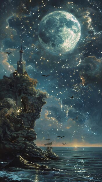 Starry night painting of a lighthouse on a cliff with a ship