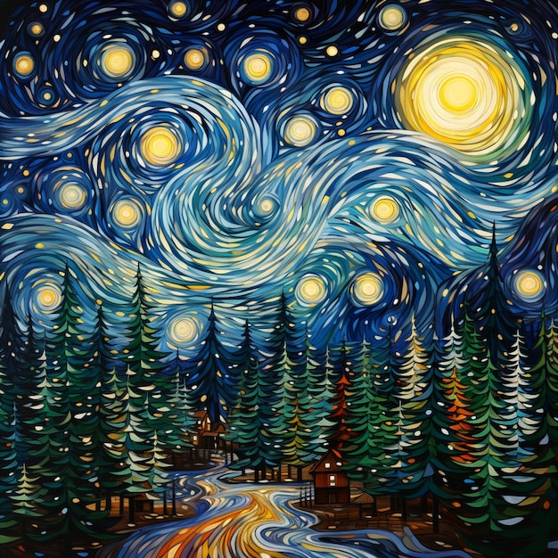 Starry night painting of a road in the woods with trees generative ai
