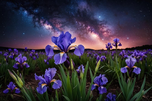 Foto notte stellata sul campo di iris viola