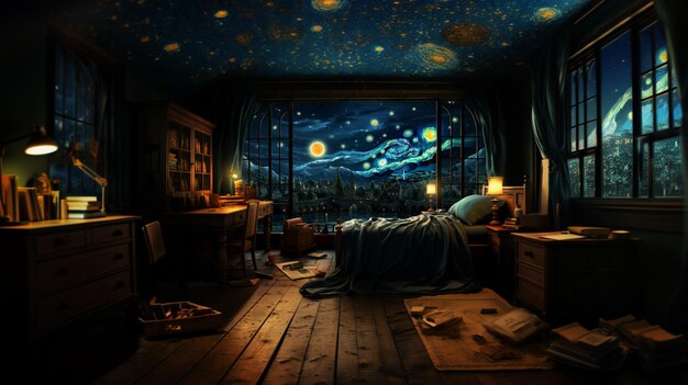 starry night scene of a bedroom with a bed and a window generative ai