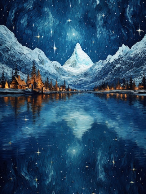 Starry night scene with a lake and a mountain in the background generative ai