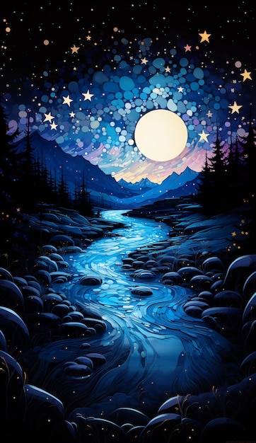Photo starry night scene with a river and stars in the sky generative ai