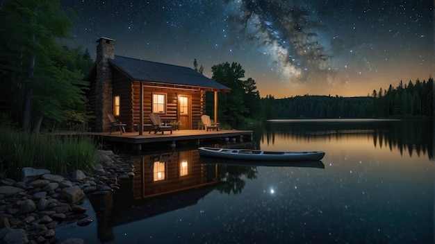 Звездная ночь над уединенной хижиной на озере
