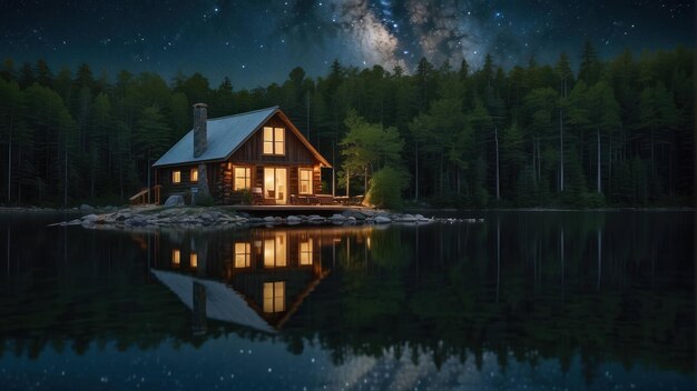 孤立した湖の小屋の上の星の夜