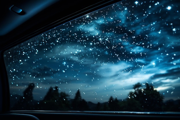 Starry night skies viewed through vans rooftop window background with empty space for text