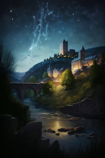 A starry night sky over a castle