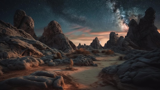 Звездное ночное небо над пустыней на фоне млечного пути.