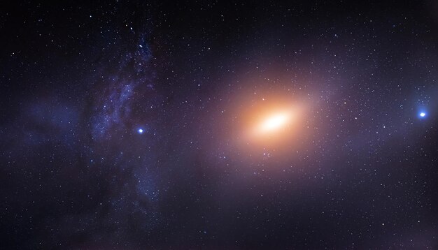 A starry night sky featuring a bright orange comet or meteor and a blue nebula with a radiant blue