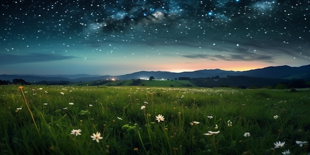 Starry night sky over a field of daisies and mountains generative ai