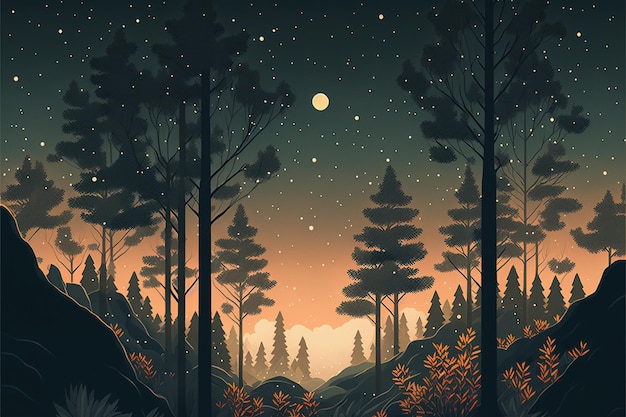 Звездное ночное небо Плоский дизайн иллюстрации приглушенные и землистые цвета гармония и баланс Генеративный ИИ