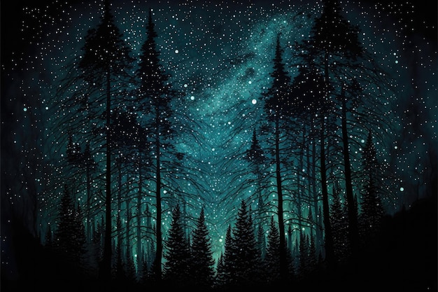 Starry night sky over a forest