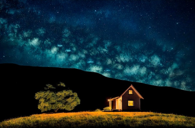 A starry night sky over a house in the mountains