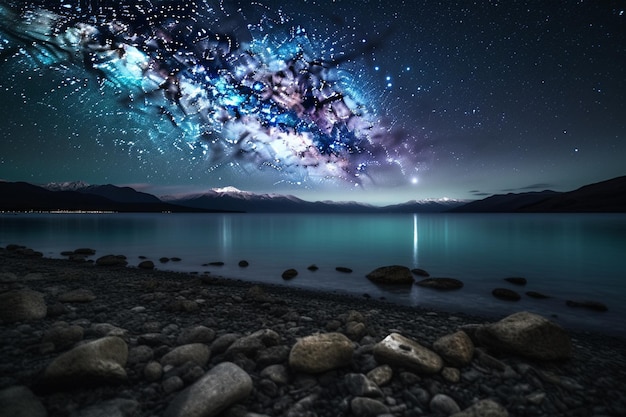 A starry night sky over lake tekapo