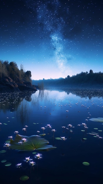 A starry night sky over a lake with a starry sky and the milky way in the background.