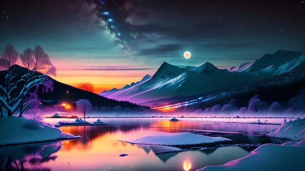 A starry night sky over a mountain lake with a starry sky and a starry sky.