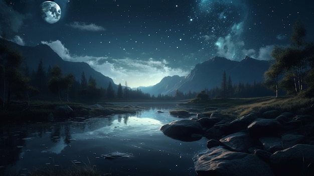 A starry night sky over a mountain lake